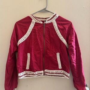 Free People Red Bomber Jacket with White Crochet Trim